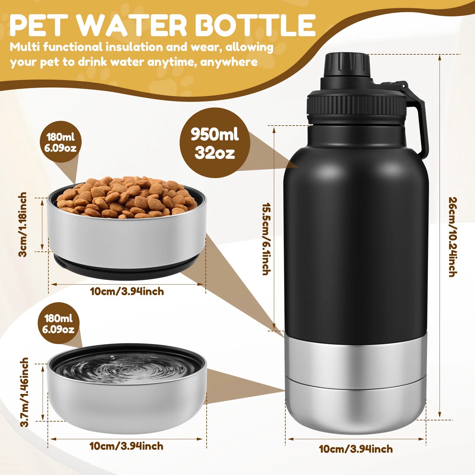 32oz Stainless Steel 3 in 1 Portable Dog Water Bottle